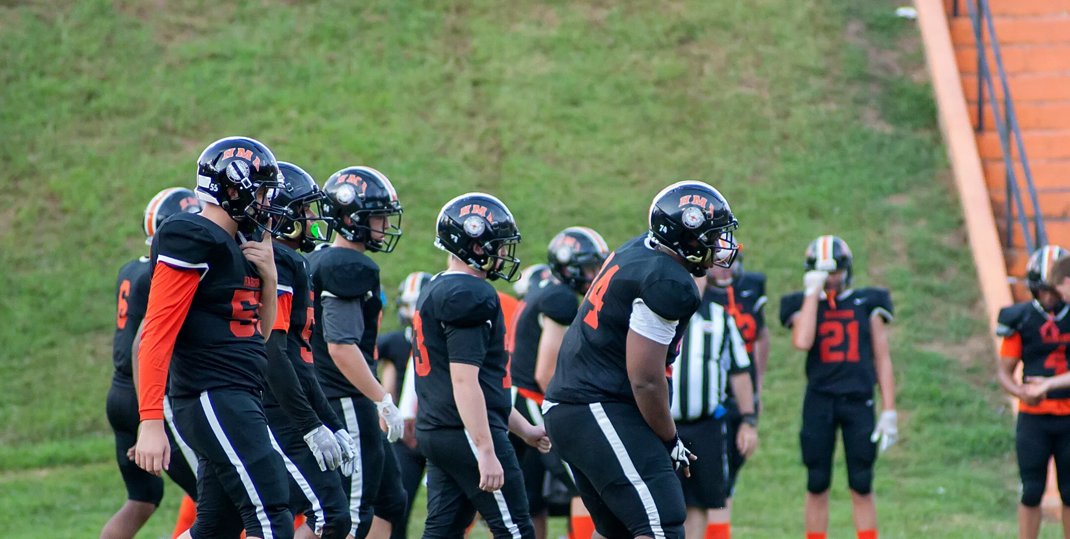 Profile view of a group of football players on the field.